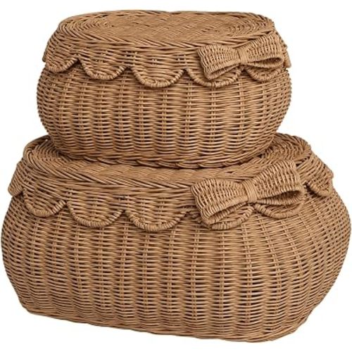 BEBE BASK Original Scalloped Bow Basket with Lid - Set of 2 (15x11x6 In)