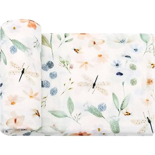 LifeTree Baby Swaddle Blankets, Muslin Swaddle Blankets Boys Girls Swaddling Wrap Receiving Blanket for Newborn, 70% Viscose Bamboo and 30% Cotton, Large 47" x 47", BlueFloral Pattern