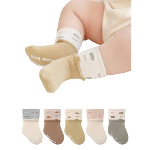 Baby Cotton Anti-Slip Socks, Cartoon Animal Design, 5 Colors Pack, XS-L Sizes for 1 Month to 5 Years, Indoor Walking Socks
