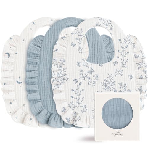 Konssy 3-Pack Muslin Baby Girl Bibs, 100% Cotton with Ruffle Trim | Ultra Soft & Absorbent, Baby Essentials for Drooling and Teething, for Newborn, Infant & Toddler 0-36 Months