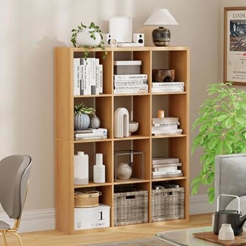 12 Cube Storage Organizer, Wooden Cube Shelf Bookcase with Reinforced Thick Shelves, Heavy-Duty 36.93" L x 9.37" W x 48.82" H, for Living Room Bedroom Home Office, Natural-Oak