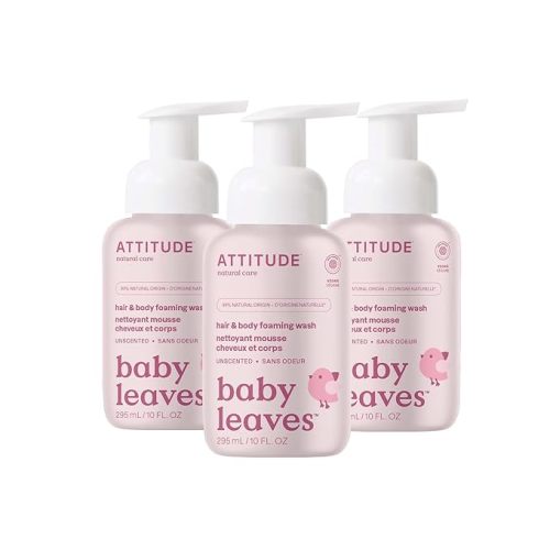 ATTITUDE 2-in-1 Hair and Body Foaming Baby Wash, EWG Verified Shampoo Soap, Dermatologically Tested, Made with Naturally Derived Ingredients, Vegan, Unscented, 10 Fl Oz (Pack of 3)