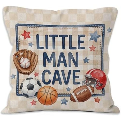Sports Nursery Little Man Cave Throw Pillow Covers, Kids Room Decor, Sports Checkered Decorative Pillow Covers 18x18 for Kids Toddler Boy Nursery Room Bedroom Playroom Decor