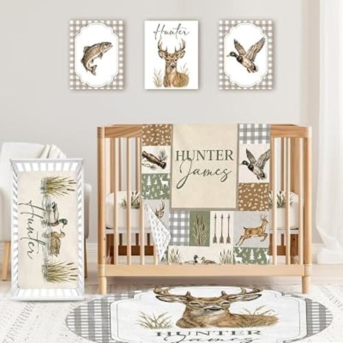 Custom Crib Bedding Set for Baby Boys - Hunting Theme Personalized Name Baby Nursery Bedding 4 Pcs Set - Chic Soft Blanket, Fitted Sheet, Room Rug & Wall Art for Newborns Boys Gifts