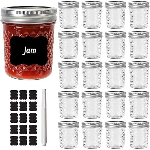 Keketin Small Mason Jars 6 oz with Airtight Lids and Bands,20 Pack Glass Diamond Canning Jar,200ml Wide Mouth Jam Jars for Jelly,Salad,Preserving,Fermenting and Party Favors