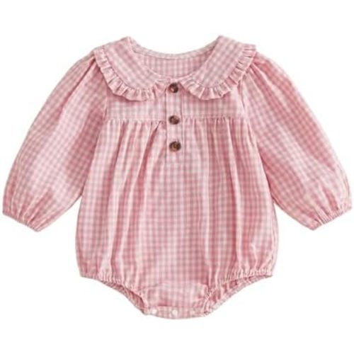Infant Baby Girl Outfit Peter Pan Collar Long Sleeve Gingham Onesie Romper Plaid Bodysuit Newborn Fall Winter Clothes