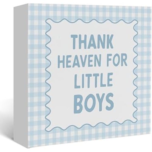 Boys Nursery Wooden Sign Decor,Newborn Gifts,Thank Heaven for Little Boys Decorations Wood Block Signs,Blue Wood Sign for Toddler Little Nursery Room Playroom Desk Shelf Wall Decor 5x5 In