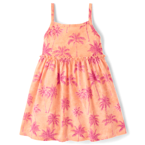 Baby And Toddler Girls Palm Tree Tie Shoulder Dress - Orange