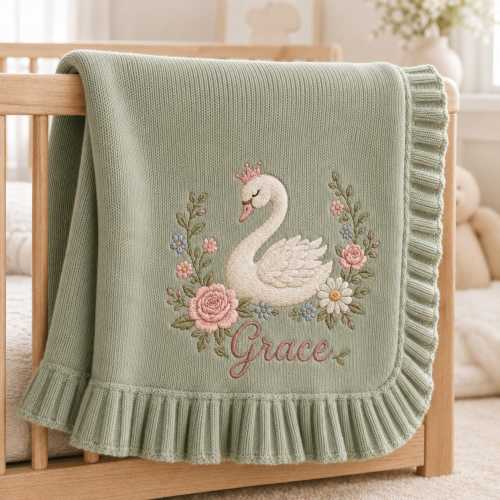 Personalized Embroidered Swan Baby Blanket, Custom Name Soft Knit Nursery Blanket, Newborn Keepsake Shower Gift