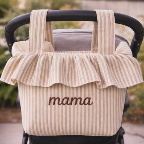 Personalized Ruffle Stroller Caddy Bag | Baby Shower Gift | Mom Tote Organizer | Latte Stripe Stroller Bag