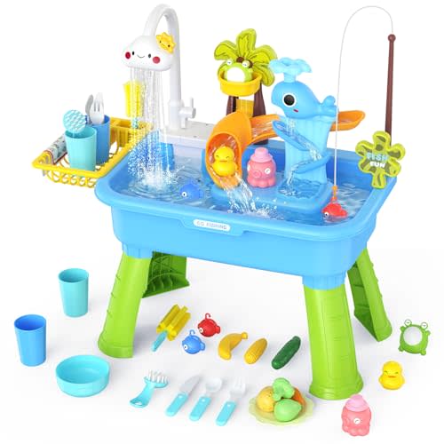 2026 Upgraded Water Table for Toddlers 1-3 - Outdoor Toys for Kids Ages 4-8 with Pump, Summer Outside Sensory Activity Pool Toys, Kitchen Play Sink Toy with Running Water, Fishing Toy, Blue