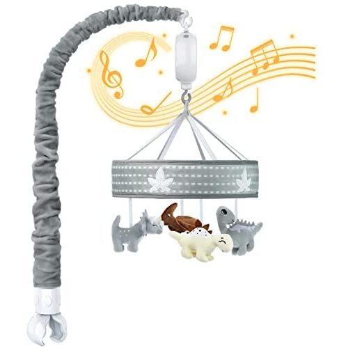 FEISIKE Baby Crib Mobile for Boys Girls with 3 Modes Musical Box Motor（Rotating Only, Music Only, Rotating & Music) ,12 Lullabies,Grey,Claw Type Fit Crib and Bassinet,Dinosaur Jurassic Theme Toys