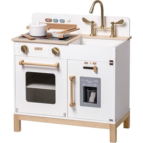 ROBOTIME Play Kitchen for Toddlers, Wooden Kids Play Kitchen Playset with Real Lights & Sounds/Ice Cube Dispenser, Pretend Play Montessori Toy Kitchen, Gift for Ages 3+