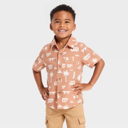 Baby Boys' Short Sleeve Button-Down Shirt - Cat & Jack™ Brown 18M
