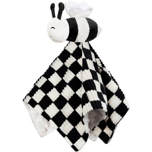 High Contrast Baby Security Blanket for Boys Girls 3D Soft Checkerboard Gingham with Minky Dot Fabric Backing Bee Snuggle Stuffed Animal Lovely Black 14 Inch
