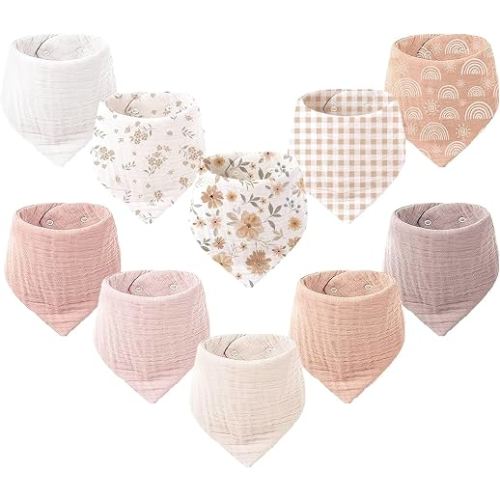 Konssy 10 Pack Baby Muslin Bandana Bibs for Drooling and Teething