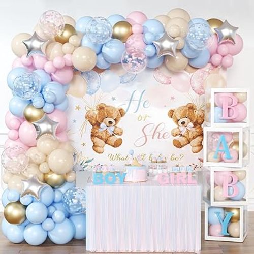 Bear Gender Reveal Decorations - 158pcs Pink Blue Balloon Garland Kit, 4pcs Baby Boxes With Letters, He or She Backdrop, Boy or Girl Bear Theme Party Supplies