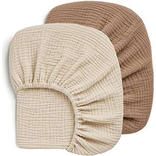 Pro Goleem Muslin Crib Sheets, 100% Cotton Crib Sheets for Boy Girl, 2 Pack Breathable Soft Neutral Baby Bed Sheets Set, Fits Standard Crib Mattress & Toddler Mattress 52"x28", (Brown&Beige)