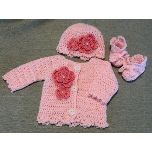 Newborn Baby Sweater Hat Booties Set, Pink Crochet Flowers, Pearl Accents