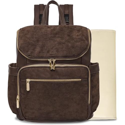miss fong Diaper Bag Backpack - Large Diaper Bag Backpack Baby Backpack Suede Diaper Backpack with 14 Pockets, Pañaleras Para Bebe with Waterproof Wet Pocket Luggage Sleeve for Mom Dad-Brown