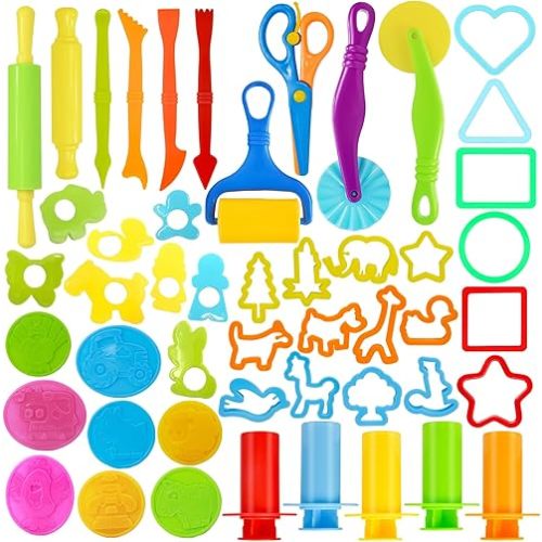 LCY WEDSHI Dough Tool Set, 49 Pcs Dough Tools Sets for Kids Ages 4-8, Dough Accessories Includes Animal Molds, Cutters Roller, Rolling Pins, Safety Scissors, Plastic Knife