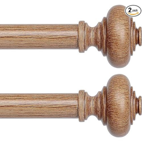2 Pack Wood Curtain Rods for Windows 48 to 84 Inch, Boho Vintage Decorative 1 Inch Diameter Wooden Curtain Rod, Adjustable Heavy Duty Rustic Farmhouse Drapery Pole with Wood Grain Finials