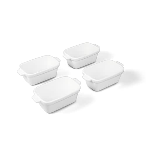 Souper Cubes Stoneware - Small Ceramic 5" x 3" Baking Dish with Silicone Covers, Small Baking Dishes for Oven Perfect for Reheating Single Serve Portions, Set of 4 - White