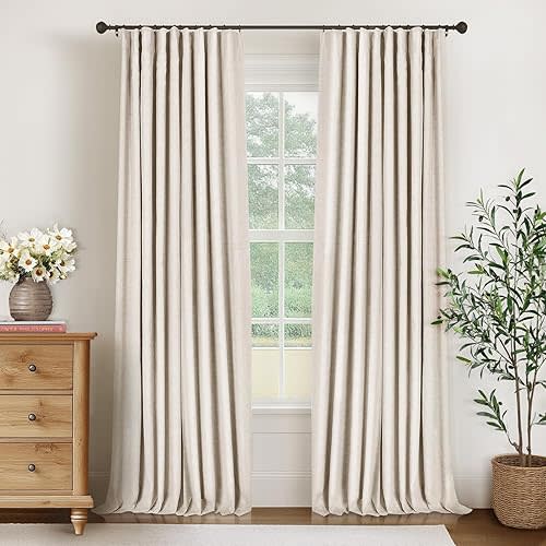 INOVADAY 100% Blackout Curtains for Bedroom, Black Out Curtains 84 Inch Long, Clip Rings Linen Blackout Drapes, Thermal Insulated Room Darkening for Living Room, 2 Panels - Cream,W50xL84