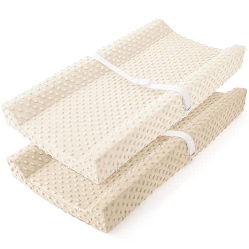 Susurration Changing Pad Covers 2Pack Minky Dots Plush Diaper Change Table Covers 33x17x7in Ultra Soft Changing Pad Sheets for Unisex Baby Girls Boys (Brown&Cream)