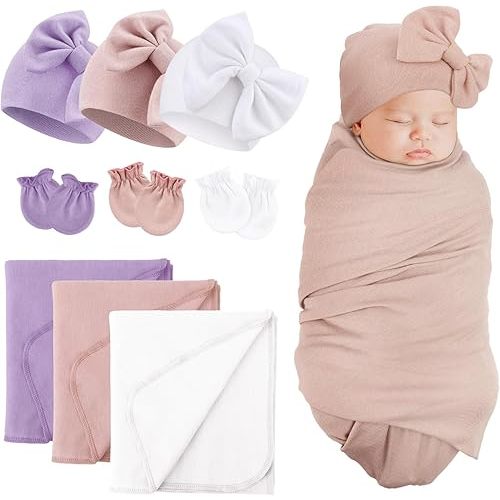 BQUBO Newborn Receiving Blankets Cotton Warm Sleepsack with Mittens & Bow Hats Hospital Baby Swaddling Shower Gift