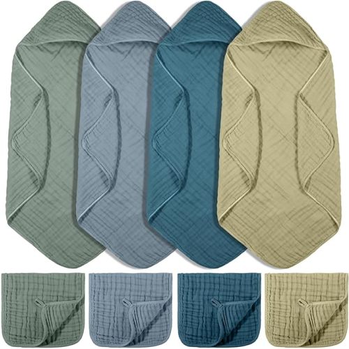 VitalCozy 8 Pcs Baby Muslin Hooded Bath Towels and Washcloths, Muslin Hooded Baby Towels Absorbent Blankets for Gift Newborn Infant Shower (Dark Green,Dark Blue)