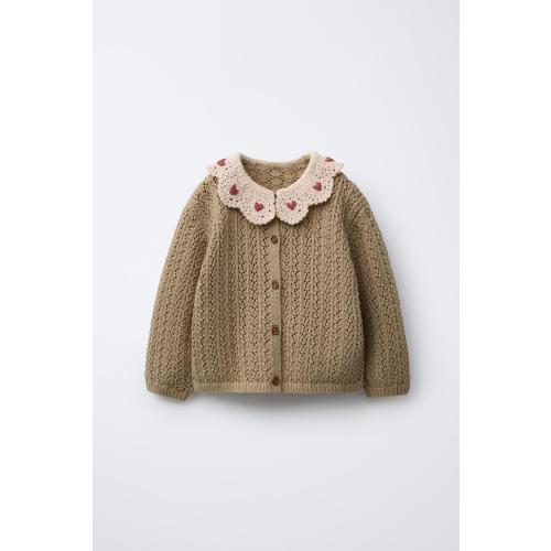 CROCHET COLLAR KNIT CARDIGAN - Light khaki | ZARA United States