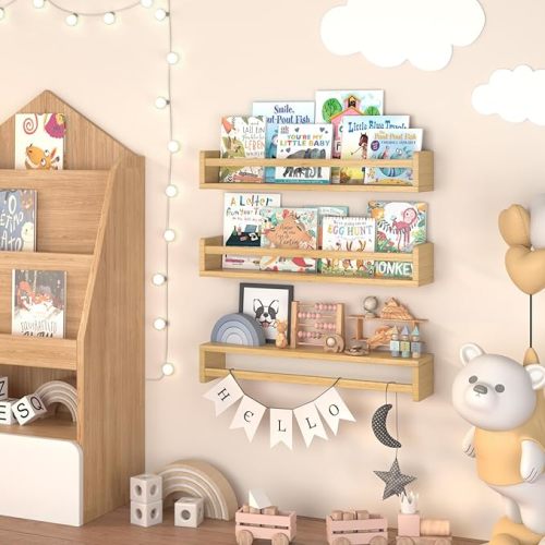 Floating Nursery Book Shelves for Wall, 23.6 Inch Nature Solid Wood Wall Mounted Bookshelf Set of 3, Hanging Bookshelves for Kids Room, Bedroom Nursery Decor and Book Storage (Wood-B)