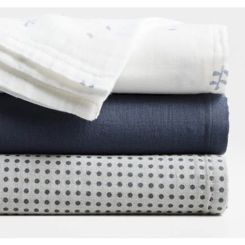 Mixed Print Coy Blue Organic Cotton Gauze Baby Swaddle Blankets, Set of 3