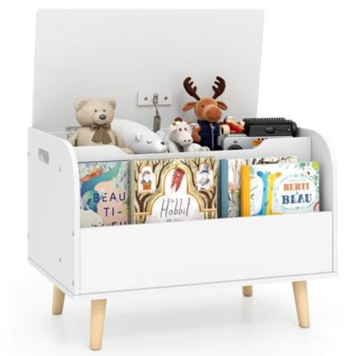 Costway Kids Wooden Toy Box with Front Bookshelf 4 Solid Wood Legs Flip-top Lid for Nursery White