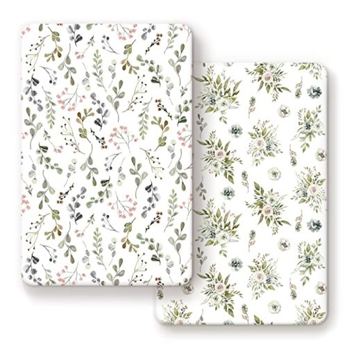 Stretchy Ultra Soft Jersey Knit Fitted Pack n Play Sheets Set 2 Pack， Portable Pack and Play/Mini Cribs Sheets for Girls，Stylish Watercolor Rose and Flora