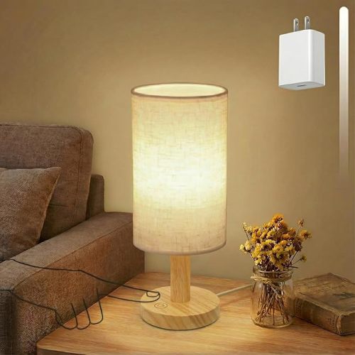 Touch Bedside Table Lamps Set of 2 - Stepless Dimming USB Powered, Minimalist Wood Base Linen Shade, 2700K Warm Night Light for Bedroom Nightstand Nursery Dorm Kitchen Small Spaces(5W LED 50K Hrs)