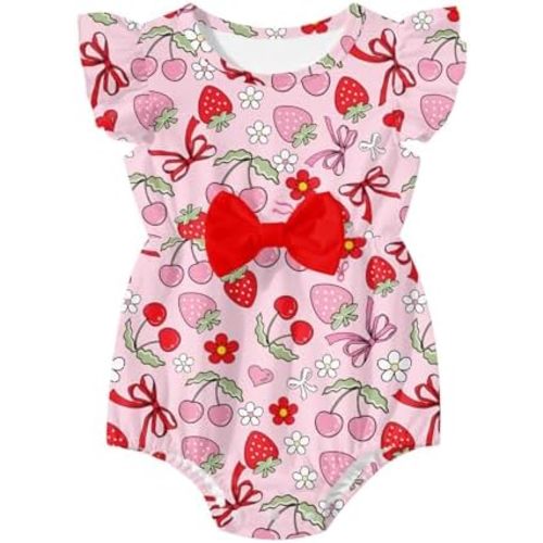 Baby Girls Clothes Infant Print Ruffle Romper Bodysuit with Bow 0-18 Months