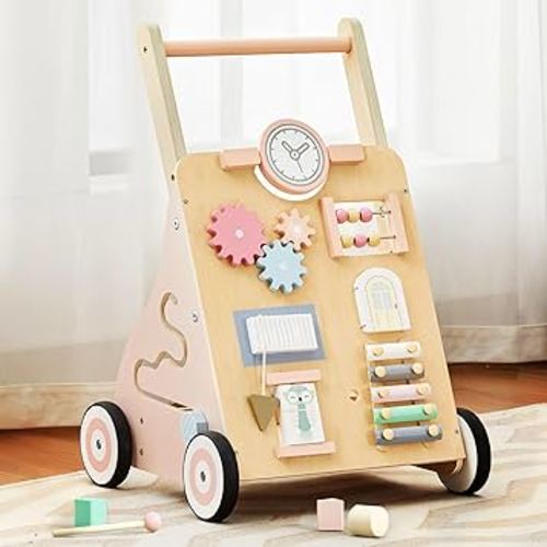 Wooden Baby Walker, Baby Push Walker with Wheels Multiple Learning Activity Center Baby Walker Adjustable Height and Speed for Girls Ages 9+ Months, Pink