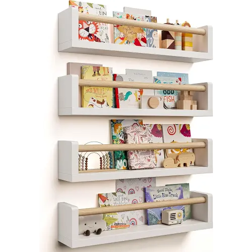 Nursery Book Shelves, 4 Pack, Wall Book Shelves for Kids Room, Baby, Toddler, Nursery Decor (White Wood, 16.5 Inches)