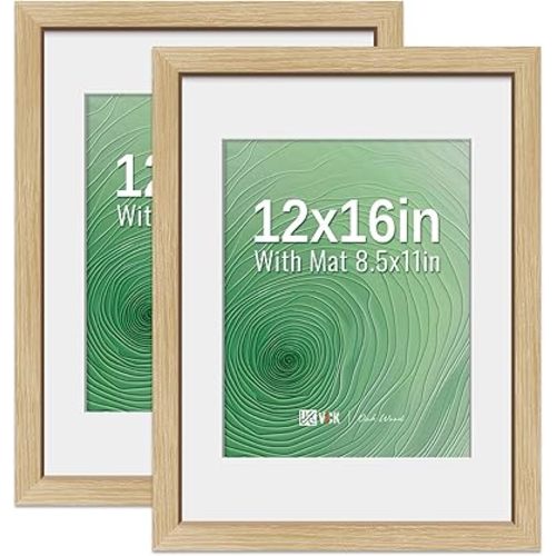 VCK 12x16 Picture Frame 2 Pack - Natural Oak, High-End Wood Poster Frames with Tempered Glass, Display 8.5x11 Photo with Mat or 12x16 without Mat, Art Gallery-Quality, Wall Hanging, Natural Oak