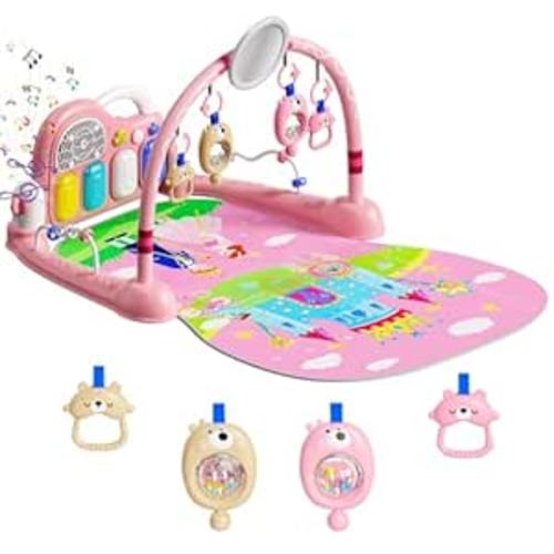 Baby Play Mat Kick and Play Piano Gym,Baby Floor Play Gym Tummy Time Mat,Baby Activity Mat with Music Lightsat and Sensory Toys Boy & Girl Gifts for Infant Newborn 0 to 3 6 9 12 Months (Pink)
