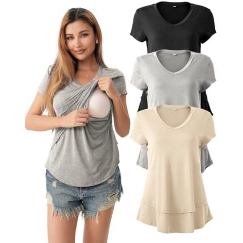 SUNNYBUY 3 Pack Hidden Nursing Tops for Breastfeeding Women Double Layer V Neck Maternity Shirts Postpartum Tee