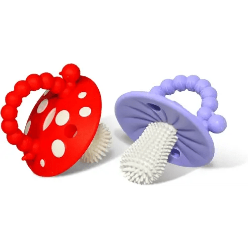 RaZbaby Soft Silicone Infant & Baby 3M+ Teether Toy Massaging Bristles Teething Relief Pacifier - Soothes Sore Gums - Hands-Free & Easy-to-Hold Chompy Teether, BPA Free (RED/Lavender)