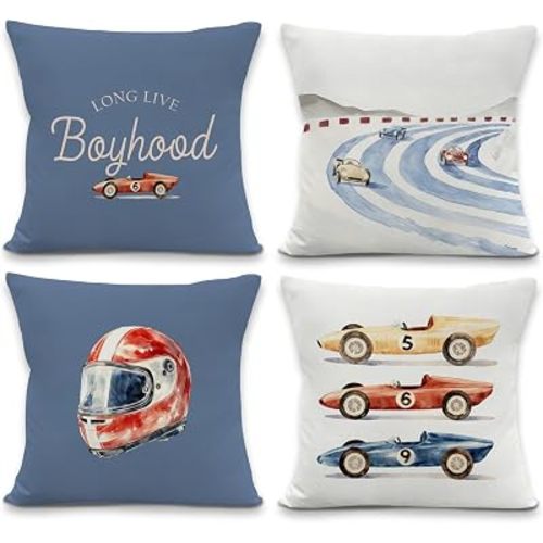 Race Car Boy Nursery Throw Pillow Covers, Boys Room Decor, Retro Racing Car Decorative Pillowcases Cushion Cases for Boys Nursery Bedroom Playroom Decor, 18x18 Pillow Covers, Set of 4