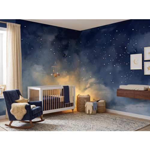 Dreamy Night Sky Nursery Wallpaper, Starry Cloud Wall Mural, Kids Room Wallpaper, Peel and Stick or Traditional