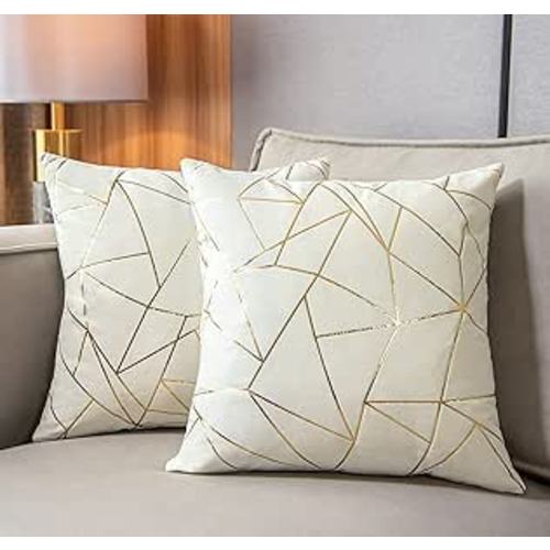 YONGLIU Pack of 2 Velvet Cushion Cases Decorative Gold Foil Geometric Pattern Throw Pillow Covers for Modern Homes Sofa Bedroom Couch Car Living Room(White and Gold, 18“X18”)