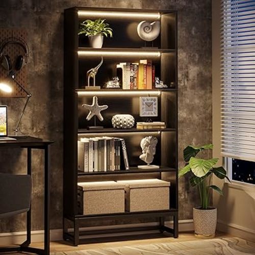 Tribesigns Tall Bookcase Black Bookshelf, 70.8” Large Bookcases Organizer with LED Lights, Heavy Duty Free-Standing Library Bookshelf with 5-Tier Storage Shelves for Living Room, Bedroom (Black)