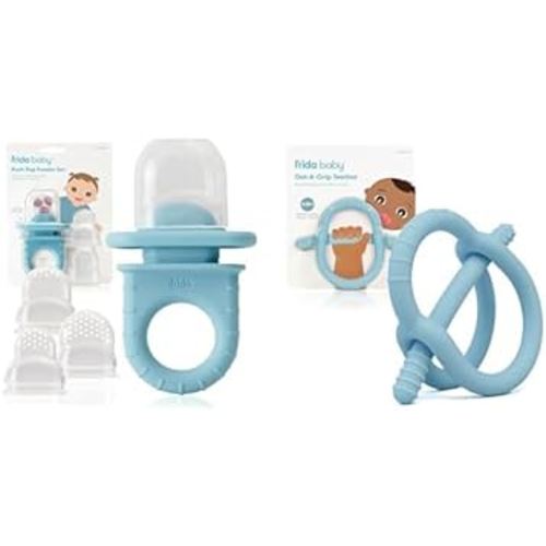 Frida Baby Push Pop Feeder, Baby Fruit Feeder + Get-A-Grip Teether Teething Toy | 100% Food-Grade Silicone Food Pacifier & Teether Toy for Baby 0-6, 12, 18 Months Infant, (Blue)