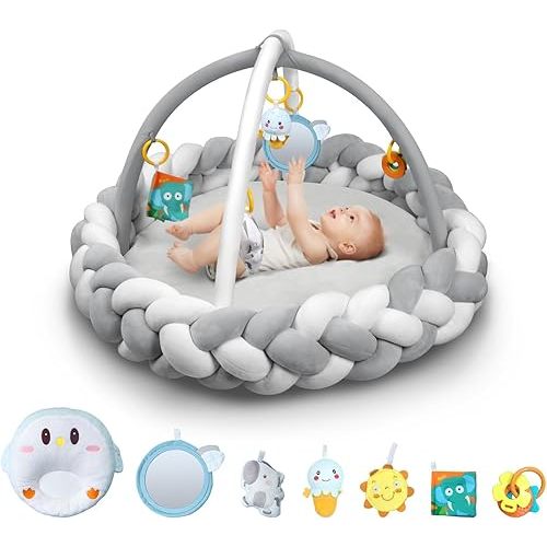 Yacul Baby Play Gym and Activity Mat, Thick Soft Tummy Time Playmat with 6 Detachable Toys for Sensory Development, Infant Floor Mat for Playroom and Nursery(Grey)